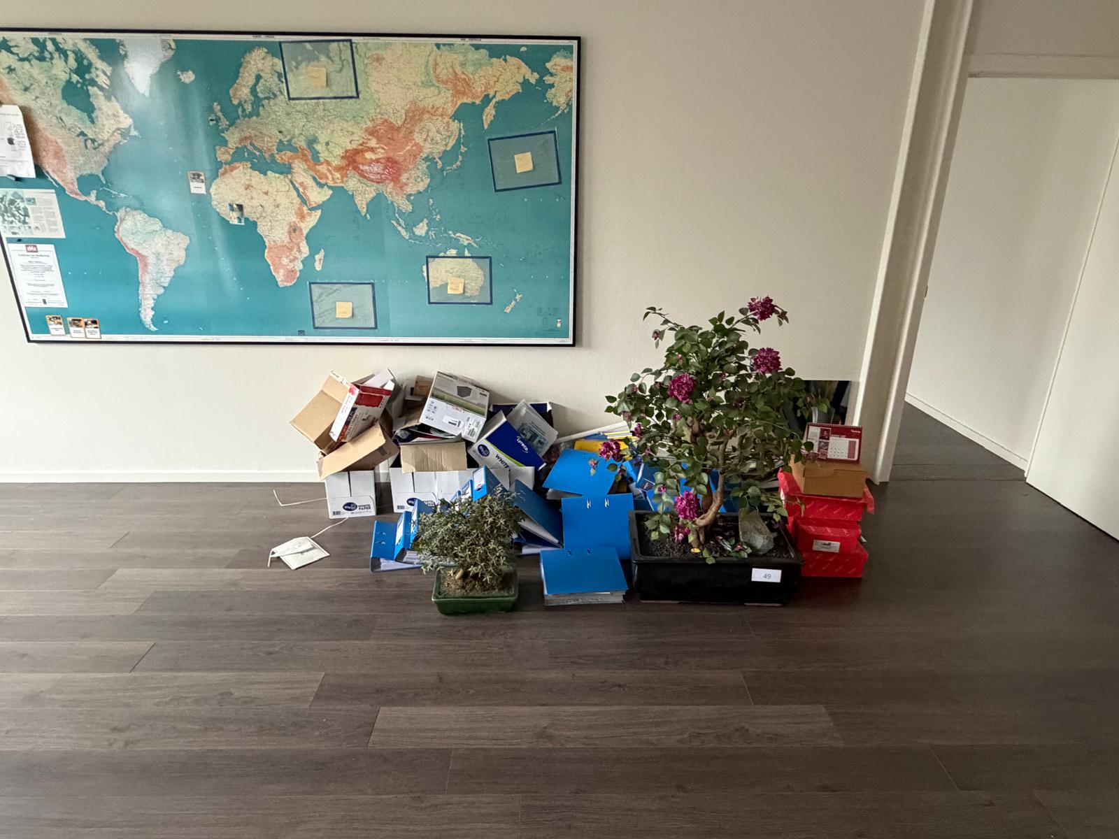 Kantoor met achtergelaten dozen en planten, voor de ontruiming